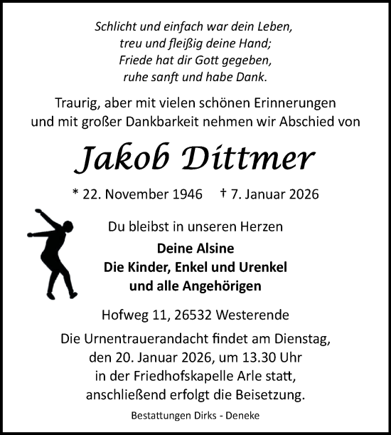 Traueranzeige von Jakob Dittmer von Ostfriesischer Kurier