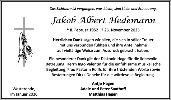 Traueranzeige von Jakob Albert Hedemann von Ostfriesischer Kurier