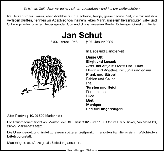Traueranzeige von Jan Schut von Ostfriesischer Kurier