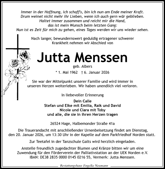 Traueranzeige von Jutta Menssen von Ostfriesischer Kurier