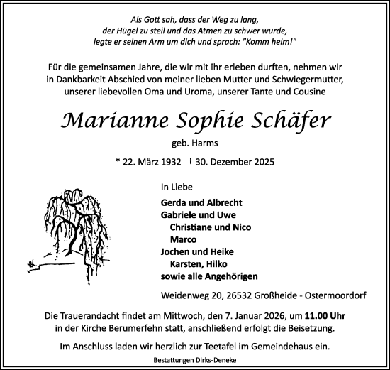 Traueranzeige von Marianne Sophie Schäfer von Ostfriesischer Kurier
