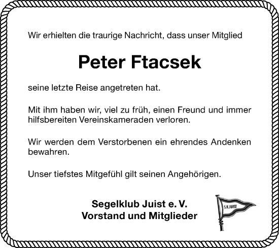 Traueranzeige von Peter Ftacsek von Ostfriesischer Kurier