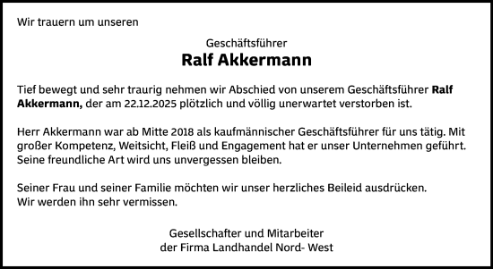 Traueranzeige von Ralf Akkermann von Ostfriesischer Kurier