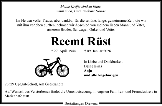 Traueranzeige von Reemt Rüst von Ostfriesischer Kurier