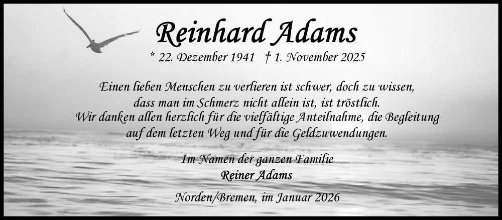  Traueranzeige für Reinhard Adams vom 13.01.2026 aus Ostfriesischer Kurier