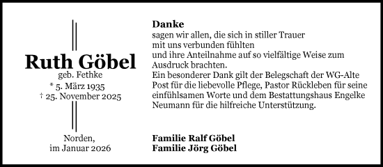 Traueranzeige von Ruth Göbel von Ostfriesischer Kurier