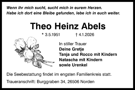 Traueranzeige von Theo Heinz Abels von Ostfriesischer Kurier