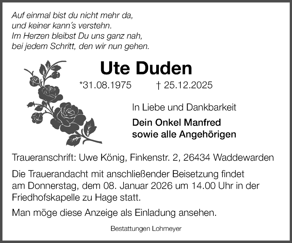  Traueranzeige für Ute Duden vom 05.01.2025 aus Ostfriesischer Kurier