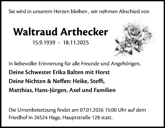 Traueranzeige von Waltraud Arthecker von Ostfriesischer Kurier